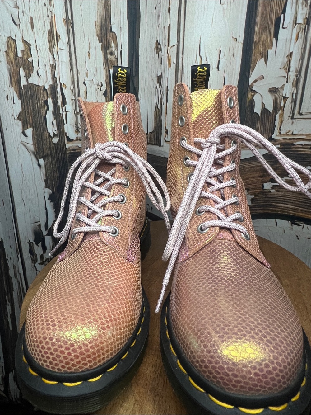 STYLISH Dr. Martens Iridescent MERMAID SCALES Pink Lace-Up Boots - Picture 2 of 5